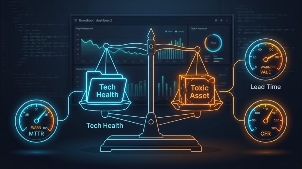 Neon balance scales comparing Tech Health (left) and Toxic Asset (right) on a dark dashboard backdrop.