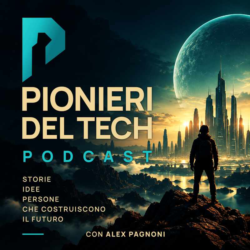 Podcast cover art: a lone figure stands on jagged rocks, gazing at a futuristic city skyline under a large planet, with the title 'PIONIERI DEL TECH' and 'PODCAST' text.